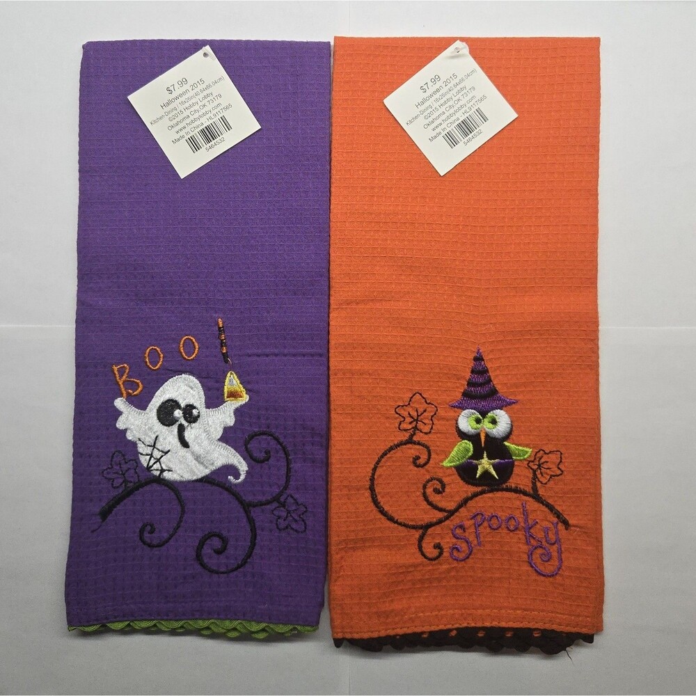 Hobby Lobby Halloween Kitchen Towels Set Waffle Weave Ghost Owl Boo Spooky NWT
